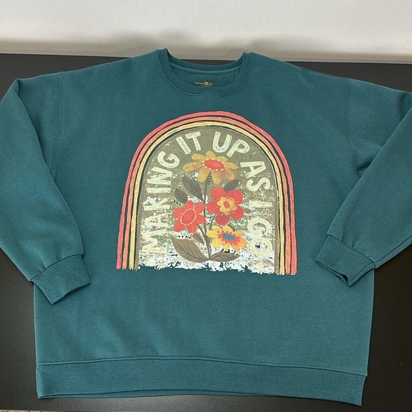 Natural Life Teal Making It Up As I go Sweatshirt Small Floral Graphic Oversized - Picture 4 of 12